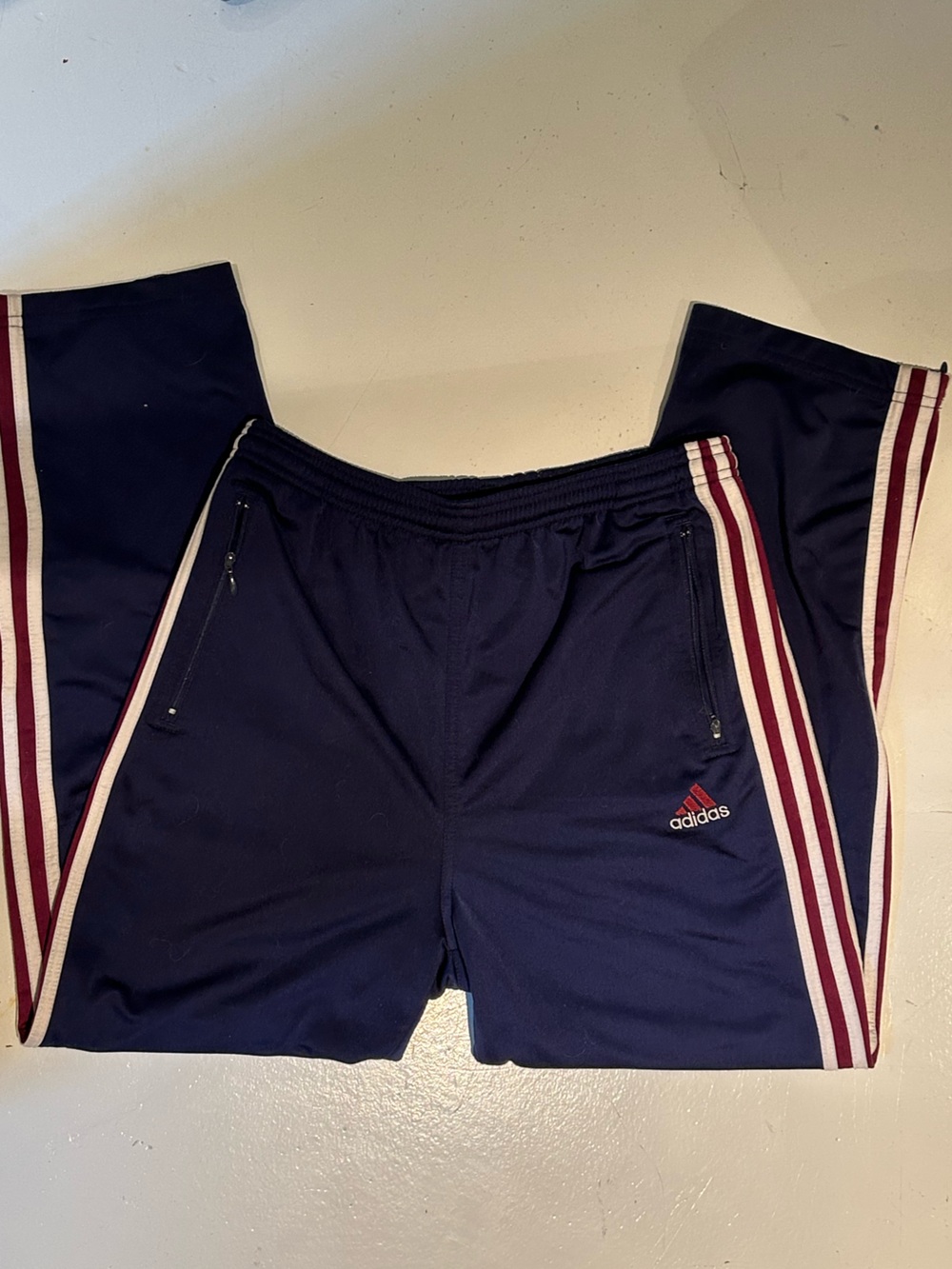 80s vintage Adidas Size men’s small Navy Track Pants with Maroon & White Stripes